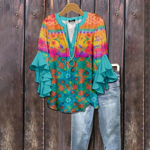 V-neck lotus edge T-shirt loose print women's T-shirt m301353