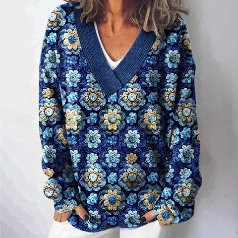 Autumn and winter imitation sweater printing foreign trade new women's pullover V-neck casual fashion long-sleeved top m302113