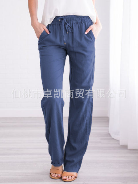 Solid color cotton and linen loose drawstring casual wide-leg trousers women's m301572
