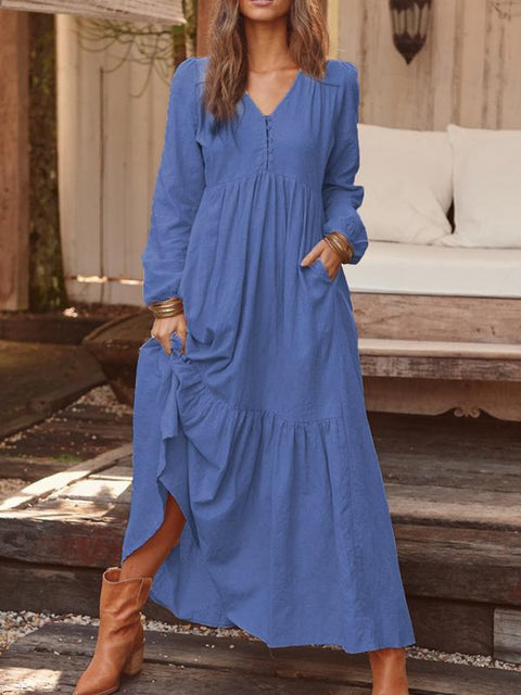 Button cotton and linen retro casual long-sleeved dress big swing long dress multi-color m301374