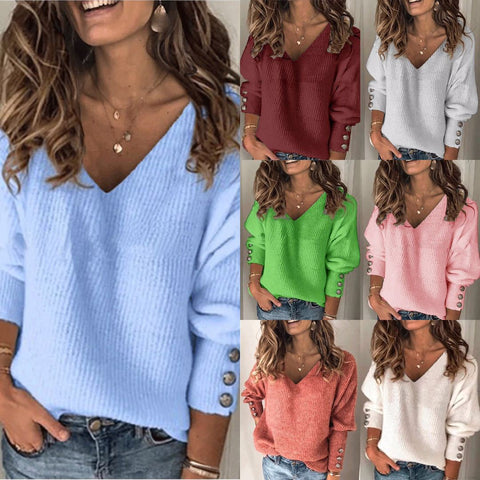 Solid color versatile knitted V-neck loose long-sleeved T-shirt m300587