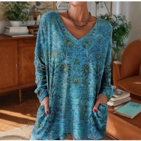 Women's new medium and long pocket V-neck pullover fashion casual T-shirt m302270