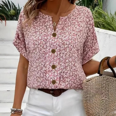 Plant Jacquard V-Neck T-Shirt Short Sleeve Women's Casual m302704