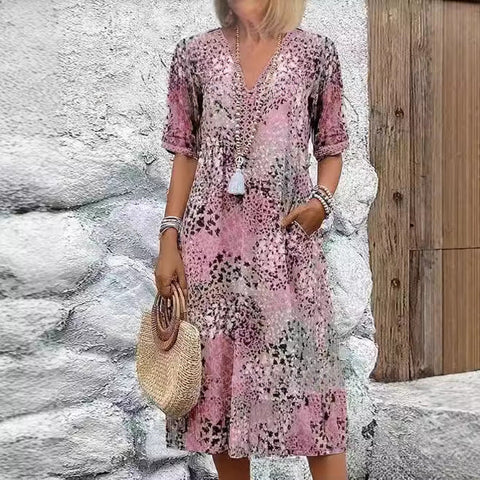 European and American new printed summer V-neck casual vacation pocket dress m301600