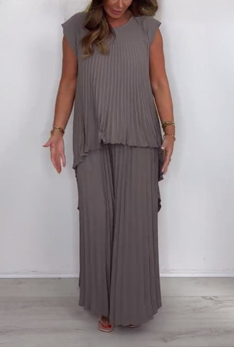 Crew neck solid color sleeve top pleated straight pants set two-piece set m301509