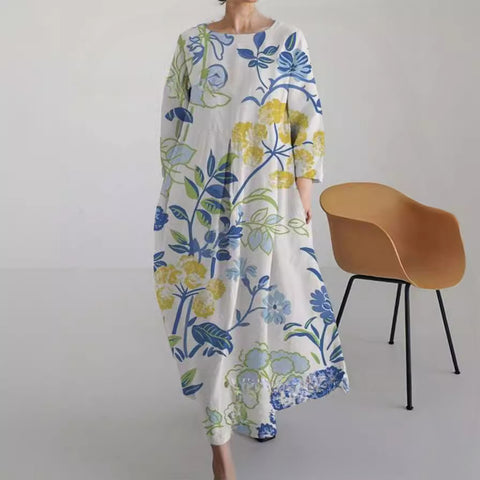 Women's loose crew neck fashion high-end long-sleeved printed dress m301049