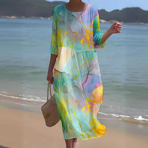 Loose Crew Neck Fashion Premium Long Sleeve Printed Dress m301045