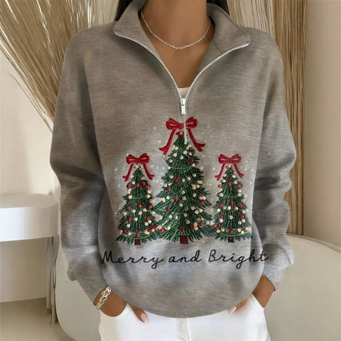 Creative Christmas Pattern Women's Long Sleeve Stand-Up Collar Half Zip Sweater m302109