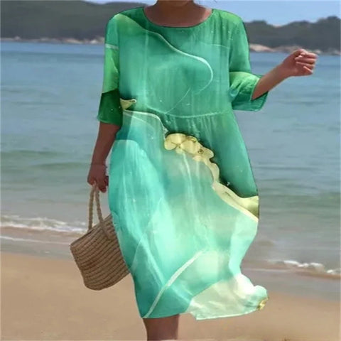 Loose Crew Neck Fashion Premium Long Sleeve Printed Dress m301045