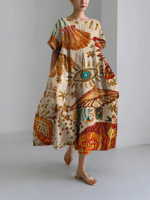 Women's loose crew neck fashion high-end short-sleeved printed dress m301052