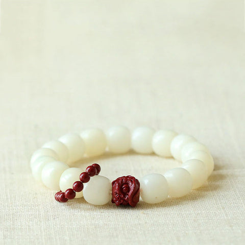 Natural White Jade Bodhi Root Bucket Bead Bracelet Cinnabar Awakening Lion Handheld Disc String Hand Play Bracelet Female Finger Soft Running Ring m3331301