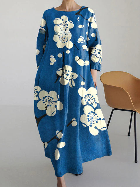 Women's loose crew neck fashion high-end long-sleeved printed dress m301049