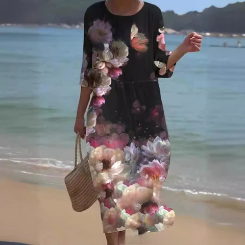 Loose crew neck fashion high-end long-sleeved printed dress m301053