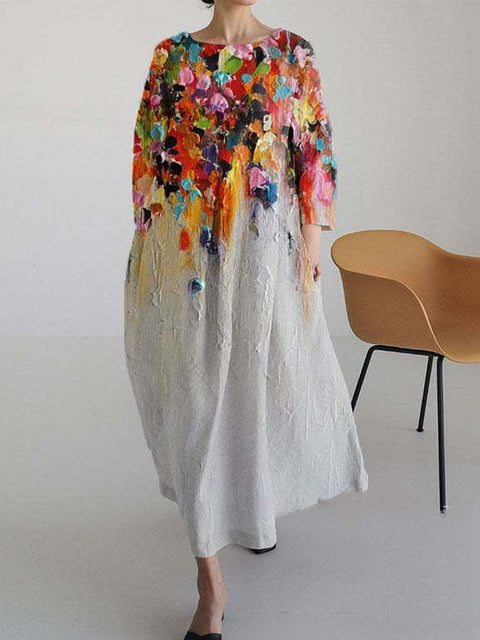 Women's loose crew neck fashion high-end long-sleeved printed dress m301049