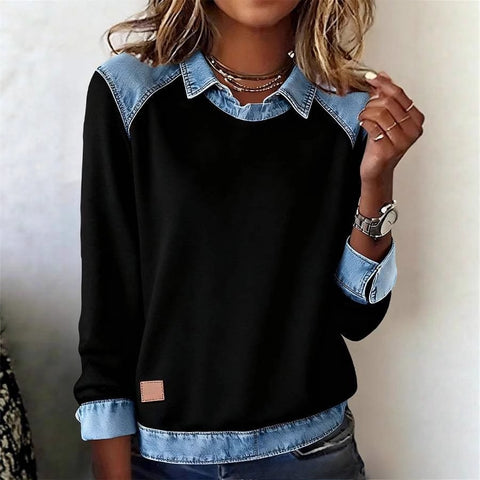Denim collar long sleeves pullover spliced knitted sweater top m302161
