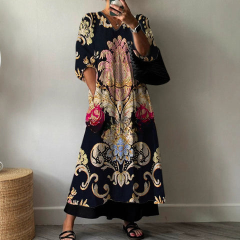 Casual women's fashion tie-dye printing V-neck medium and long jumpsuit m301302