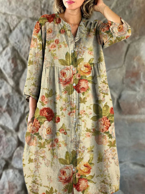 Women's Loose Crew Neck Fashion Premium Long Sleeve Printed Shirt Dress m301050