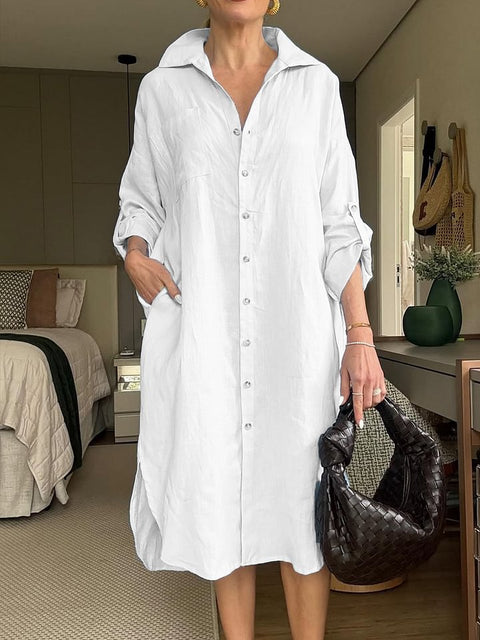 Women's dress cotton and linen shirt long dress fashion casual long sleeve cardigan dress m301932