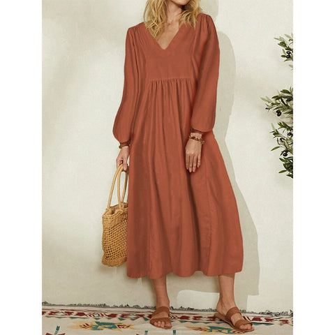Women's cotton and linen loose lantern sleeve dress m301242