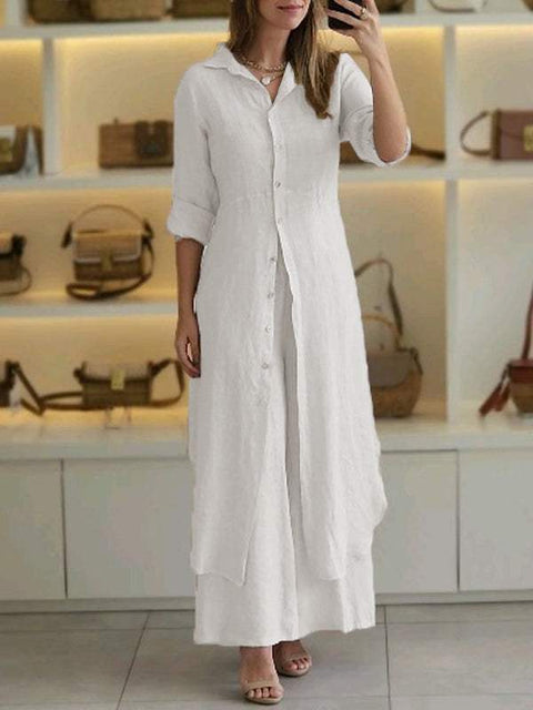 Elegant cotton and linen slim-fitting waist long-sleeved shirt wide-leg pants set m301063