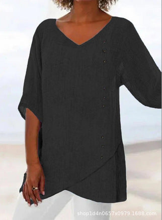 Women's printed animal natural scenery V-neck nine-quarter sleeve loose T-shirt m301289