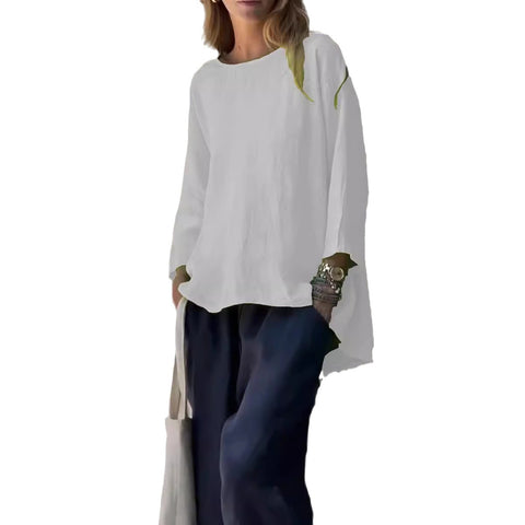 Women's nine-quarter sleeve crew neck cotton and linen loose shirt top m302007