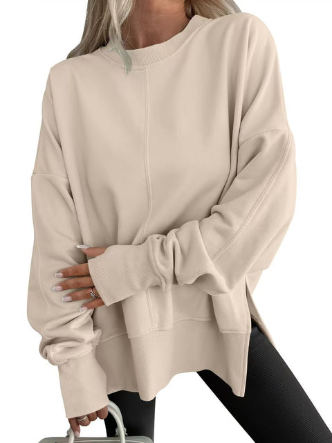 Loose sweater side split splicing round neck bat sleeve fleece top m302100