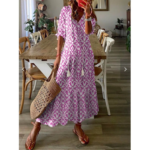 Floral V Neckline Half Sleeve Maxi A line Dress m161509014 (5827676)