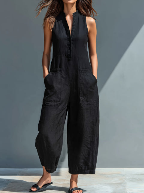 Sleeveless stand-up collar pocket jumpsuit m302843