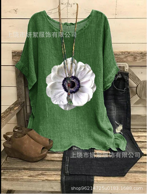 Loose round neck short-sleeved cotton and linen top women's m301281