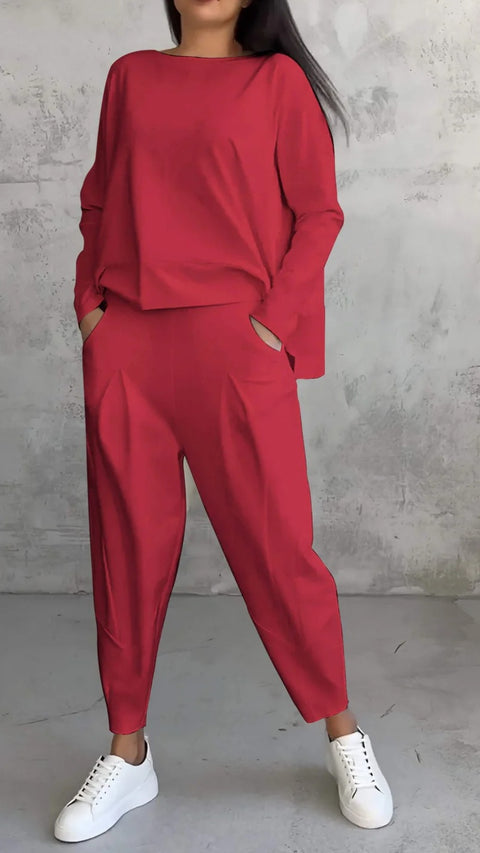 Women's solid color round neck long-sleeved suit women's pocket pants trousers m301510