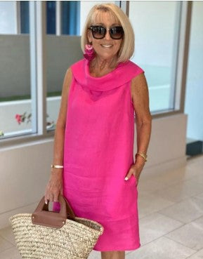 Medium and long dress red loose waist cotton and linen solid color sweet pullover dress m302047