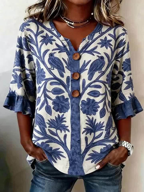 Small V-neck shirt flared sleeve printed button-down shirt m302753