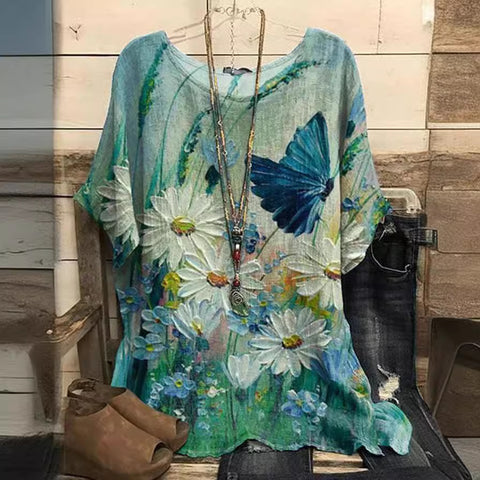 Loose round neck short-sleeved cotton and linen top women's m301281