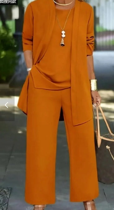 Pink three-piece casual suit women's cardigan wide-leg pants m302761