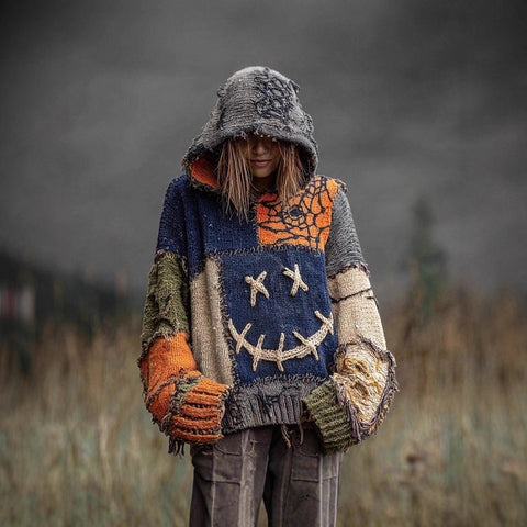 Autumn and winter loose hooded top casual shoulder retro women's printed sweater m302036