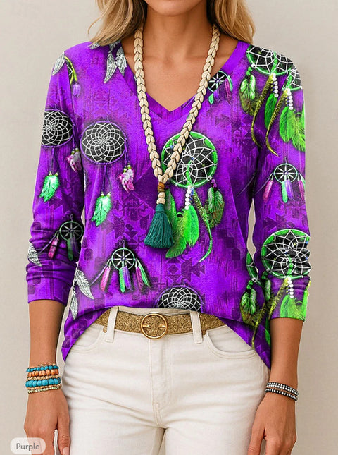 Printed loose long-sleeved V-neck T-shirt m301566