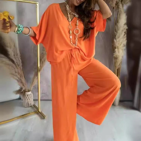 V-neck bat sleeve casual loose wide-leg pants suit women's m302414