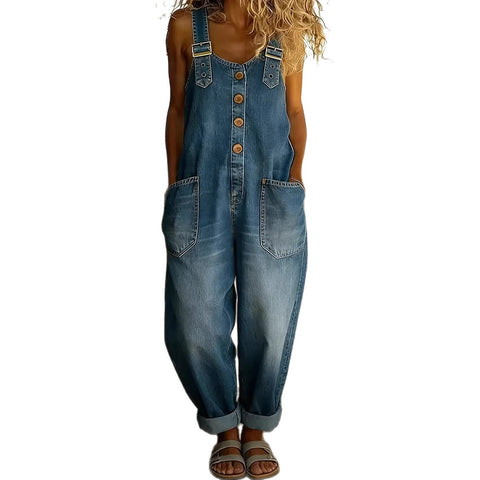 Stylish retro old loose women's casual denim jumpsuit with adjustable buckle m302836