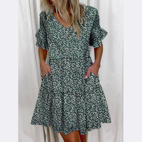 Short Print Ruffled Pocket Dress M300182
