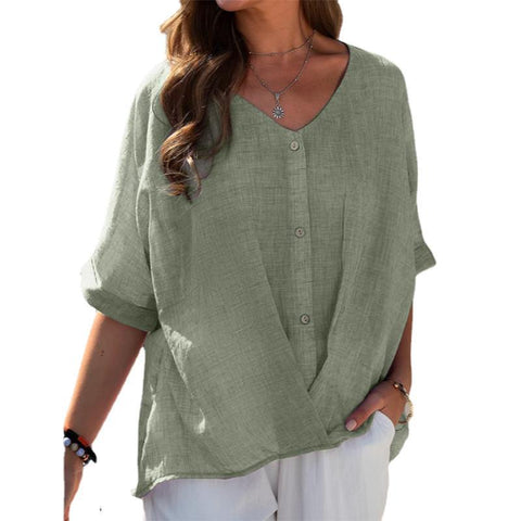 Cotton and linen V-neck pullover short-sleeved loose-fitting women's shirt casual top m301320
