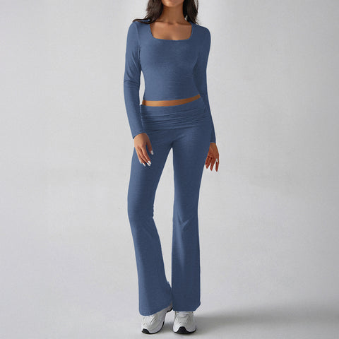 Solid color casual knitted long-sleeved top yoga suit two-piece pants set m301815