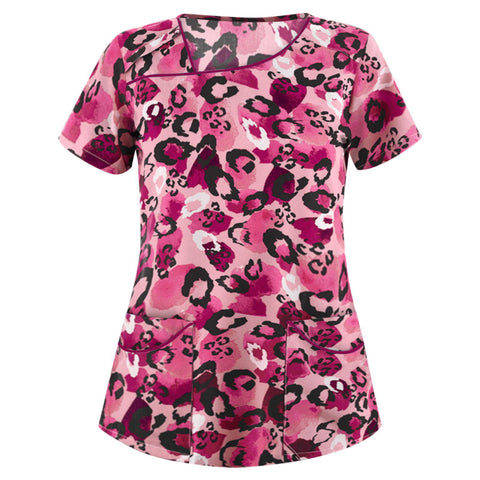 Printed V-neck short-sleeved pocket T-shirt women's top m301596