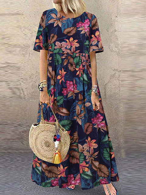 Long dress Amazon round neck casual women's retro floral print loose short sleeve m301972