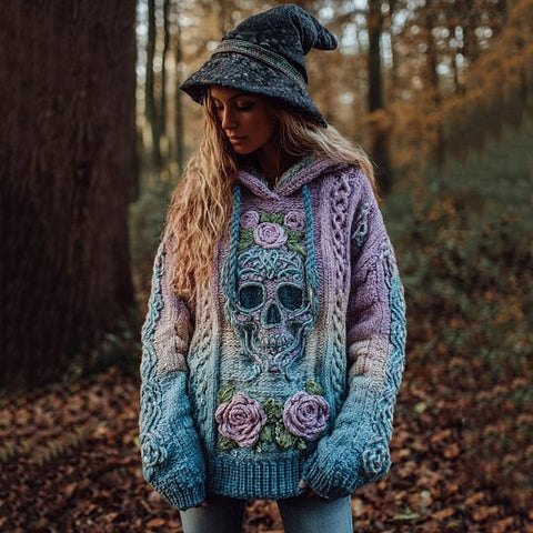 Autumn and winter loose hooded top casual shoulder retro women's printed sweater m302036