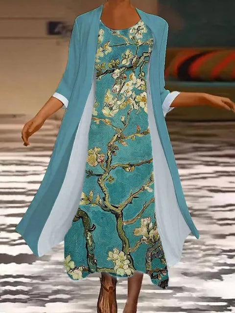 New women's long dress two-piece set flower and grass print crew neck dress m301251