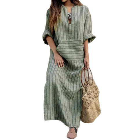 New cotton and linen dyed striped loose dress m302470