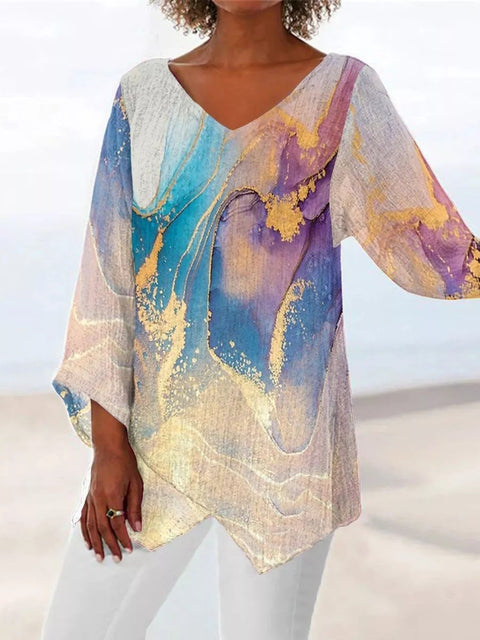 3D printing animal natural scenery V-neck nine-quarter sleeve loose T-shirt m301694