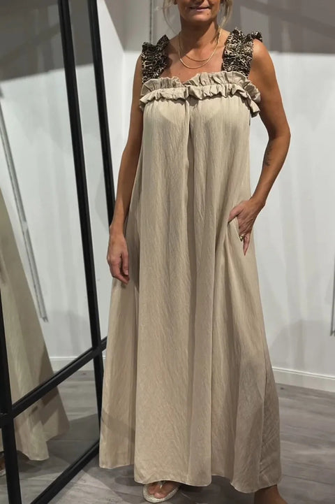 Popular vacation women's casual suspender splicing leopard print pocket cotton and linen dress m302050