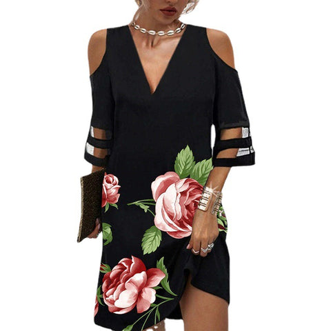 V-neck Positioning Flower Mesh Stitching Half-Length Sleeve Dress M300180